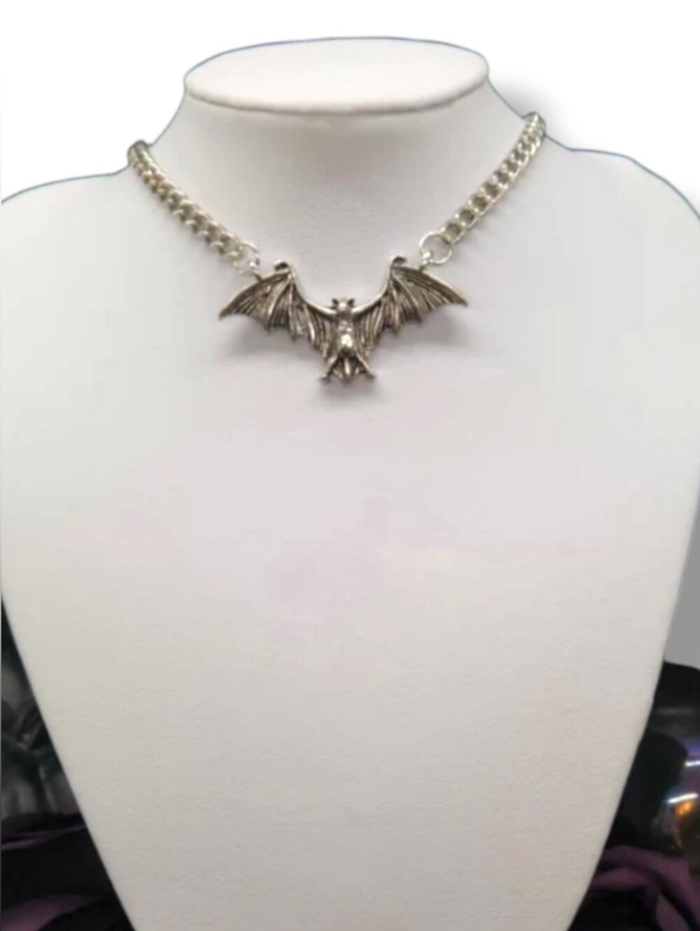 NWT Handmade Large Goth Punk Silver Bat Choker Necklace